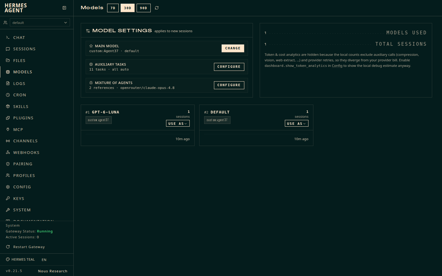 The MiniStaff agent's model settings: the main model, auxiliary tasks and usage at a glance